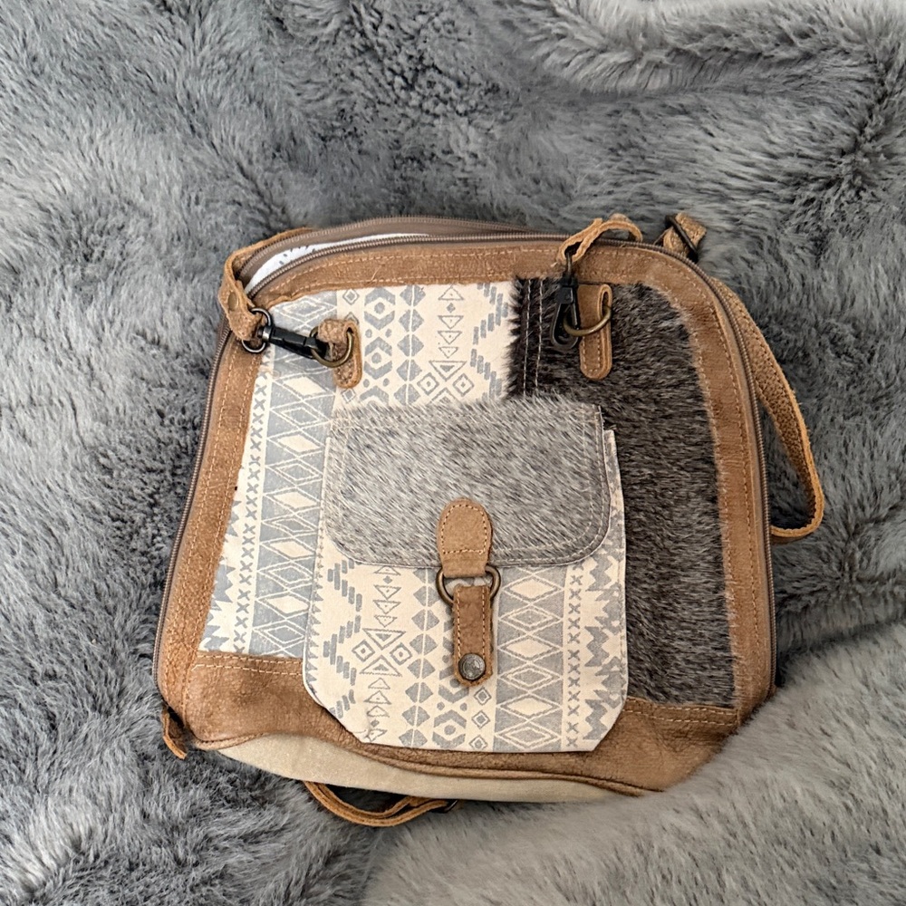 Myra Fur On Cow Hide Leather & Fabric Brown Cream Gray Crossbody Backpack